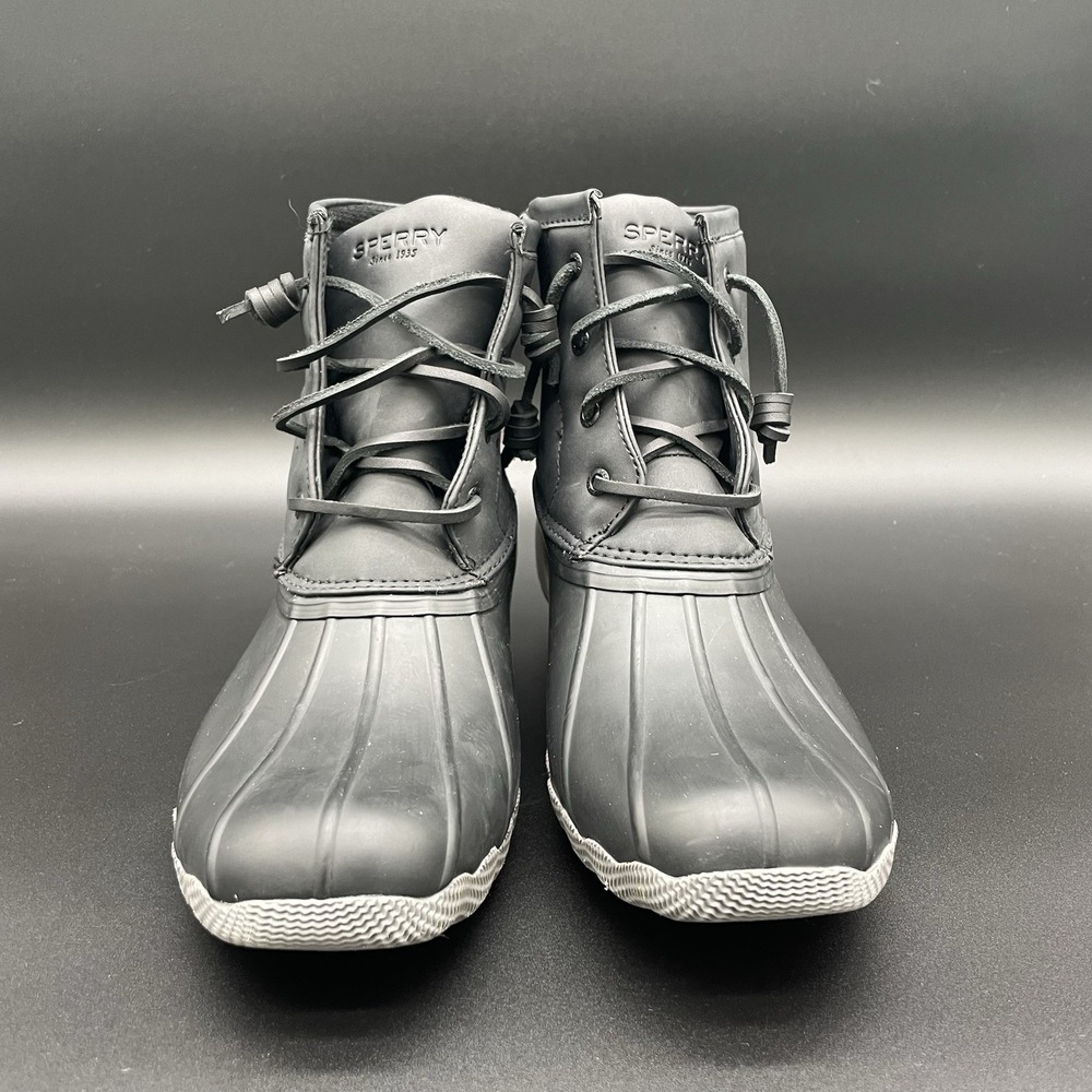 Sperry Saltwater Duck Boots Girls Size 6M Black With Silver Gray Bottom Zip Side
